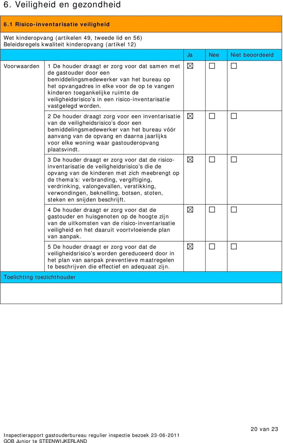 een bemiddelingsmedewerker van het bureau op het opvangadres in elke voor de op te vangen kinderen toegankelijke ruimte de veiligheidsrisico s in een risico-inventarisatie vastgelegd worden.