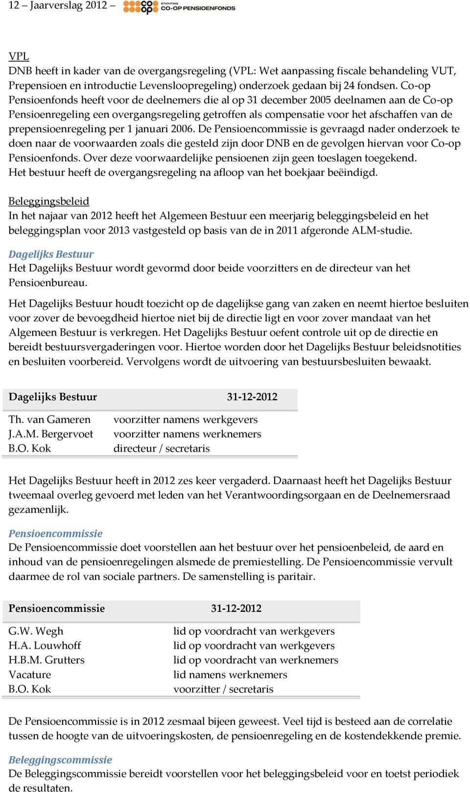 prepensioenregeling per 1 januari 2006. De Pensioencommissie is gevraagd nader onderzoek te doen naar de voorwaarden zoals die gesteld zijn door DNB en de gevolgen hiervan voor Co-op Pensioenfonds.