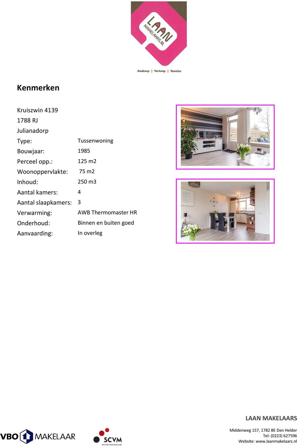 : 125 m2 Woonoppervlakte: 75 m2 Inhoud: 250 m3 Aantal kamers: 4