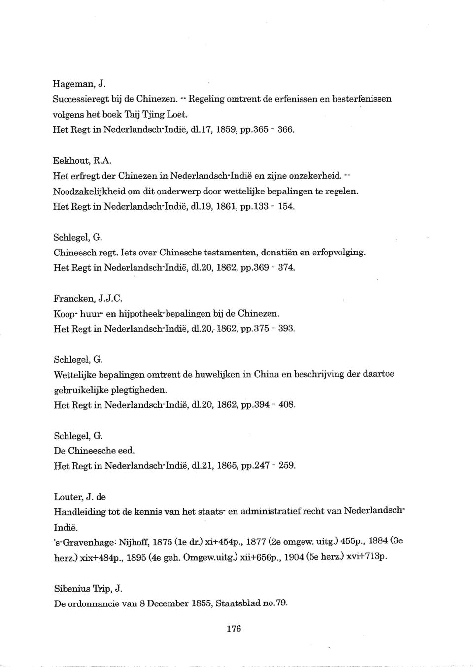 Schlegel, G. Chineesch regt. lets over Chinesche testamenten, donatien en erfopvolging. Het Regt in Nederlandsch-Indie, dl.20, 1862, pp.369-374. Francken, J.J.C. Koop huur- en hijpotheek-bepalingen bij de Chinezen.