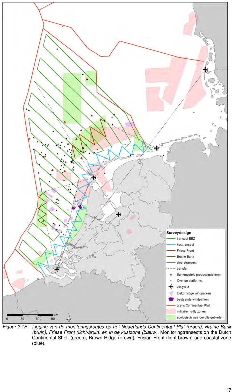 (groen), Bruine Bank (bruin), Friese Front (licht-bruin) en in de kustzone