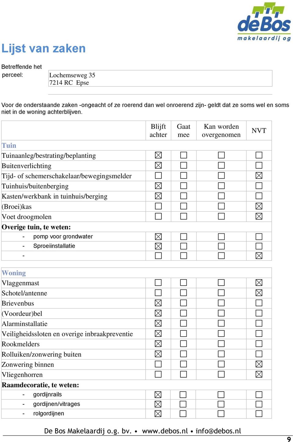 Blijft achter Gaat mee Kan worden overgenomen NVT Tuin Tuinaanleg/bestrating/beplanting Buitenverlichting Tijd of schemerschakelaar/bewegingsmelder Tuinhuis/buitenberging Kasten/werkbank in