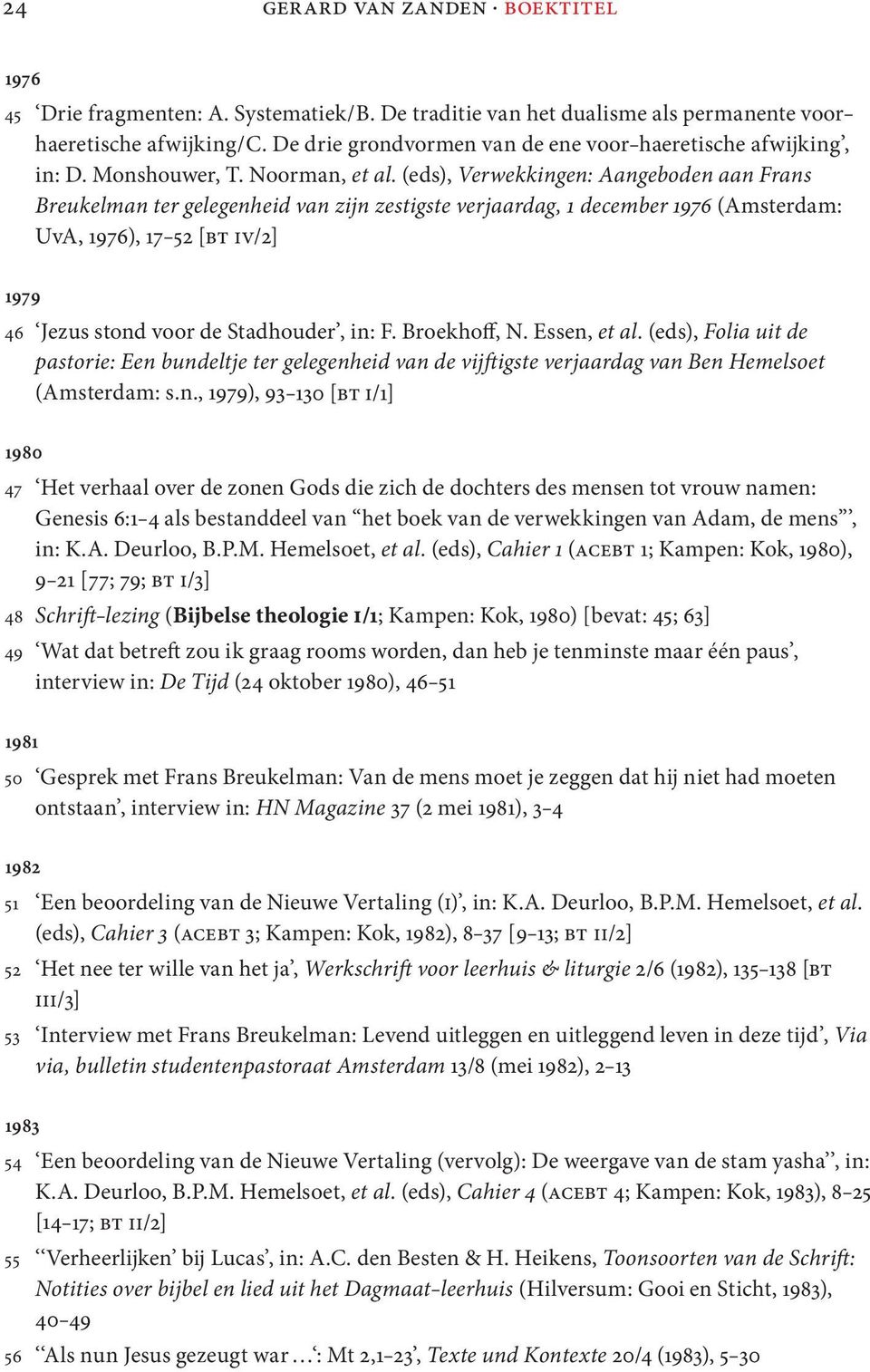 (eds), Verwekkingen: Aangeboden aan Frans Breukelman ter gelegenheid van zijn zestigste verjaardag, 1 december 1976 (Amsterdam: UvA, 1976), 17 52 [bt iv/2] 1979 46 Jezus stond voor de Stadhouder, in:
