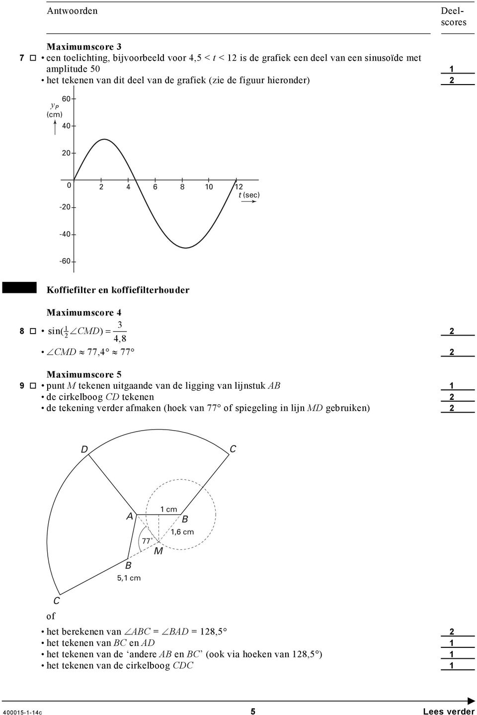 de ligging van lijnstuk AB de cirkelboog CD tekenen de tekening verder afmaken (hoek van 77 of spiegeling in lijn MD gebruiken) D C of C A B 5, cm 77 M cm B,6 cm het