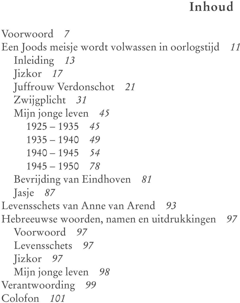 Bevrijding van Eindhoven 81 Jasje 87 Levensschets van Anne van Arend 93 Hebreeuwse woorden, namen en