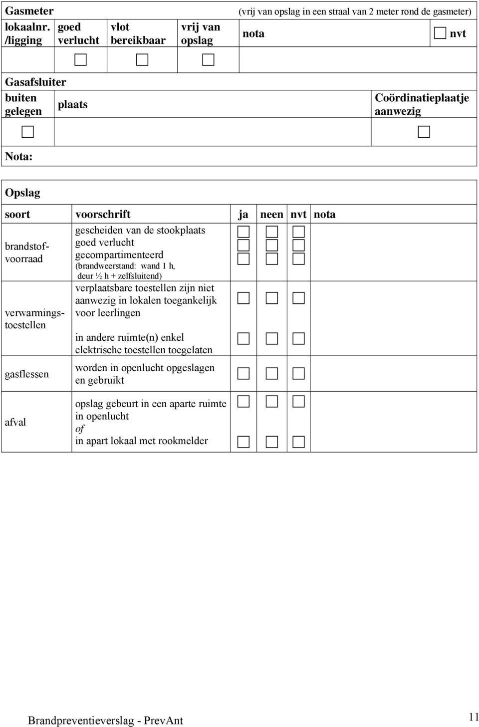 aanwezig Nota: Opslag soort voorschrift ja neen nvt nota brandstofvoorraad verwarmingstoestellen gasflessen gescheiden van de stookplaats goed verlucht gecompartimenteerd