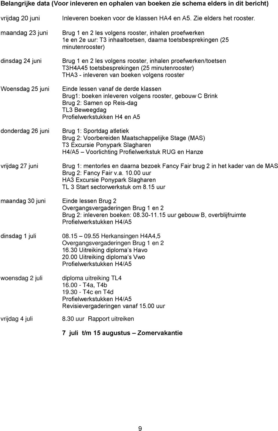 Brug 1 en 2 les volgens rooster, inhalen proefwerken 1e en 2e uur: T3 inhaaltoetsen, daarna toetsbesprekingen (25 minutenrooster) Brug 1 en 2 les volgens rooster, inhalen proefwerken/toetsen T3H4A45