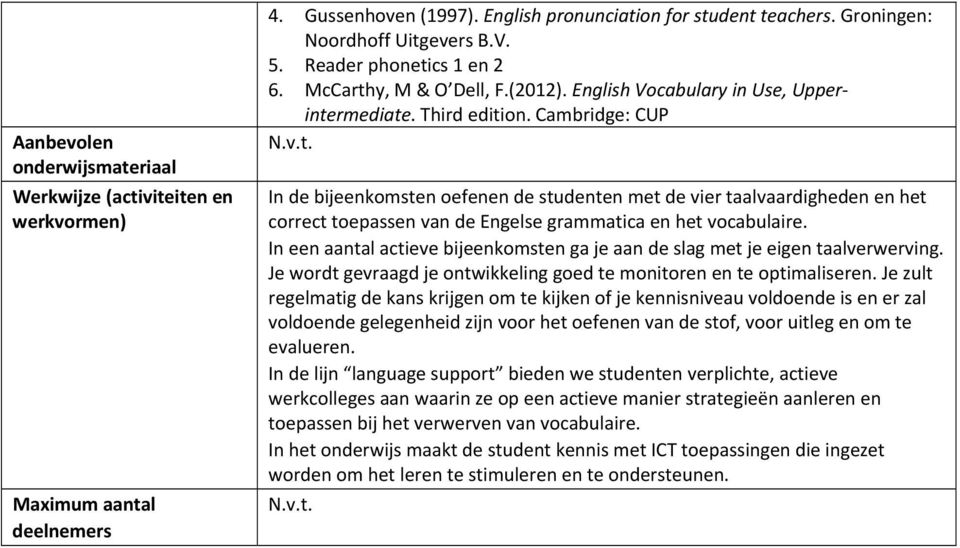 Cambridge: CUP In de bijeenkomsten oefenen de studenten met de vier taalvaardigheden en het correct toepassen van de Engelse grammatica en het vocabulaire.