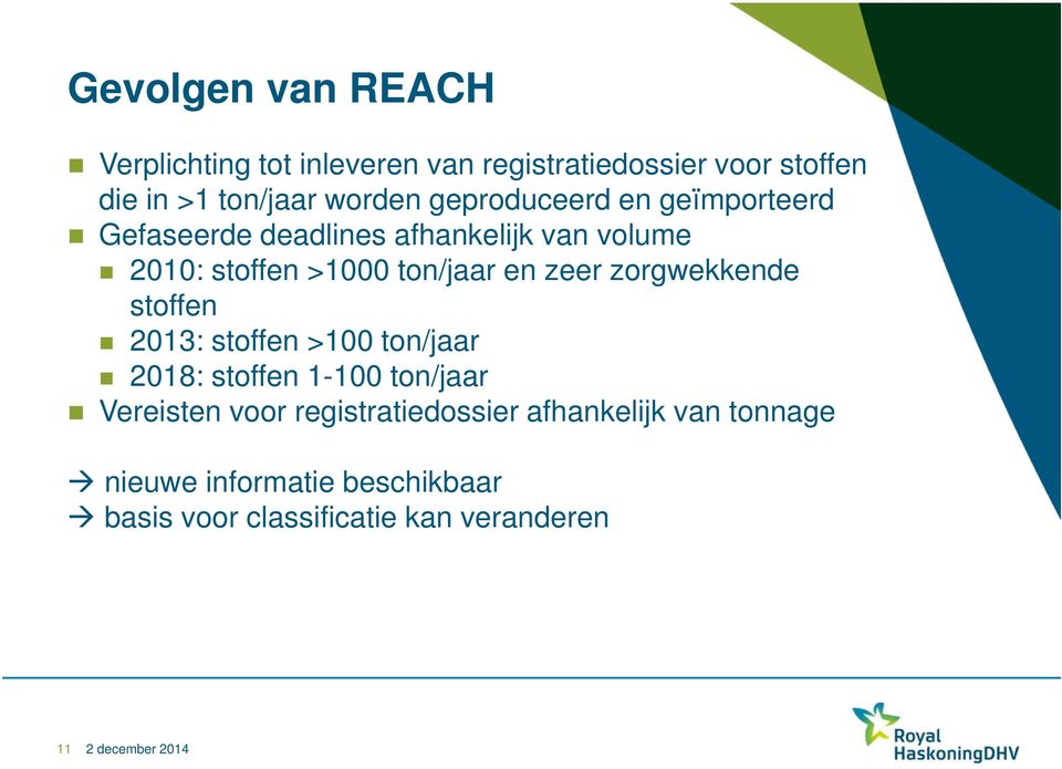 ton/jaar en zeer zorgwekkende stoffen 2013: stoffen >100 ton/jaar 2018: stoffen 1-100 ton/jaar Vereisten