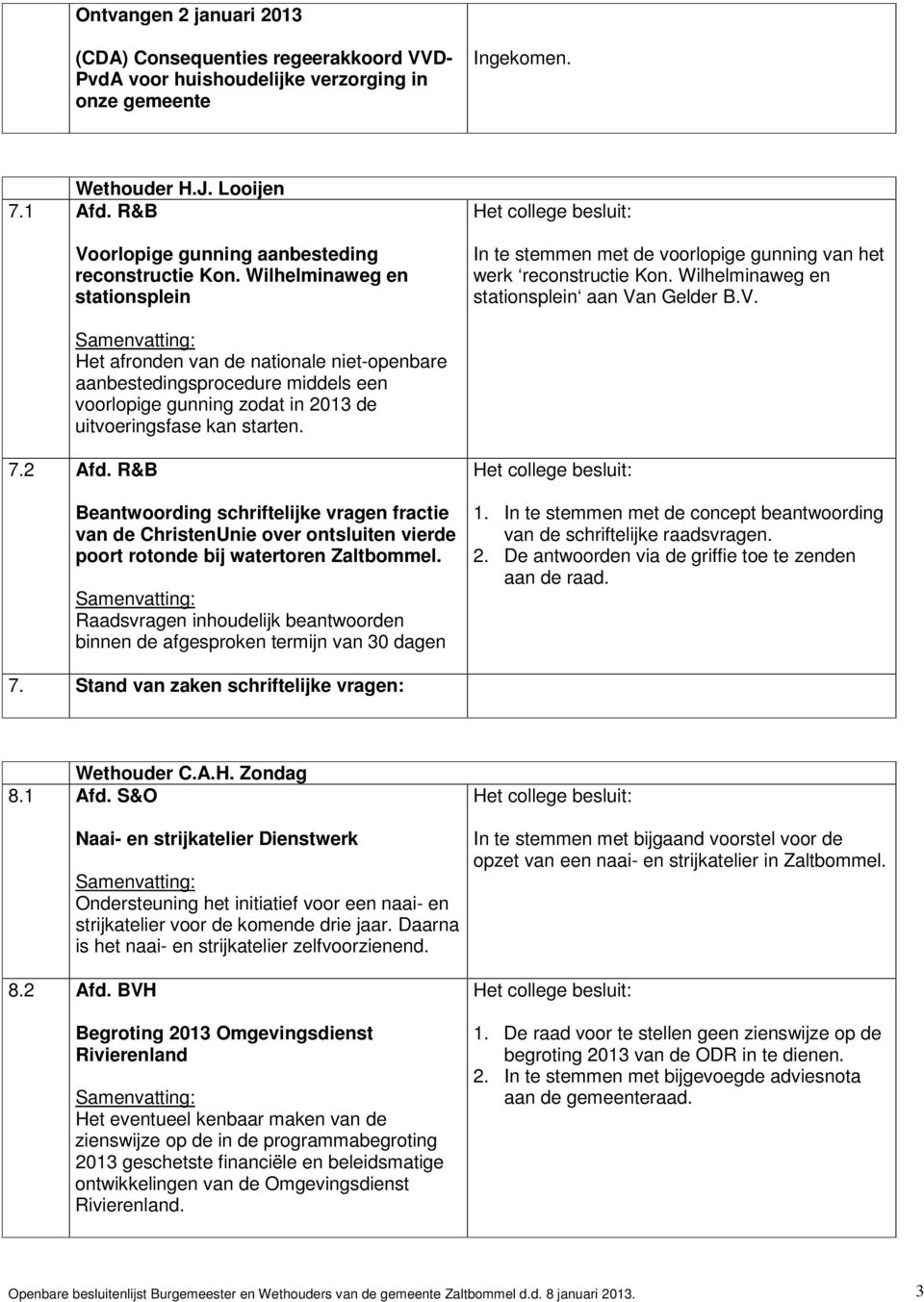 Wilhelminaweg en stationsplein aan Van Gelder B.V. Het afronden van de nationale niet-openbare aanbestedingsprocedure middels een voorlopige gunning zodat in 2013 de uitvoeringsfase kan starten. 7.