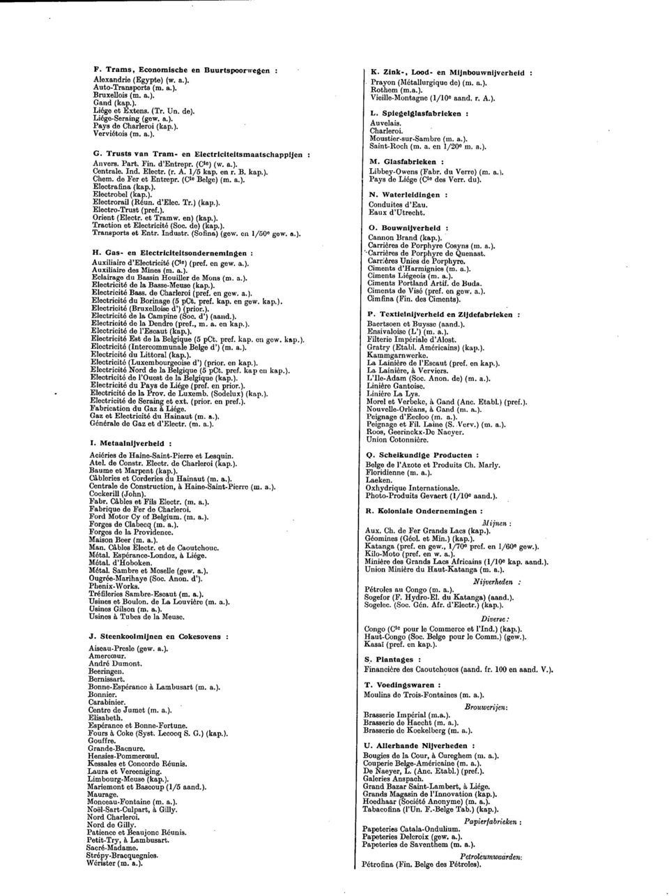 (Cie Beige) (m. a.). Electrafina (kap.). Electrobel (kap.). Electrorail (Réun. d'elec. Tr.) (kap.). ElectroTrust (pref.). Orient (Electr. et Tramw. en) (kap.). Traction et Electricité (Soc. de) (kap.