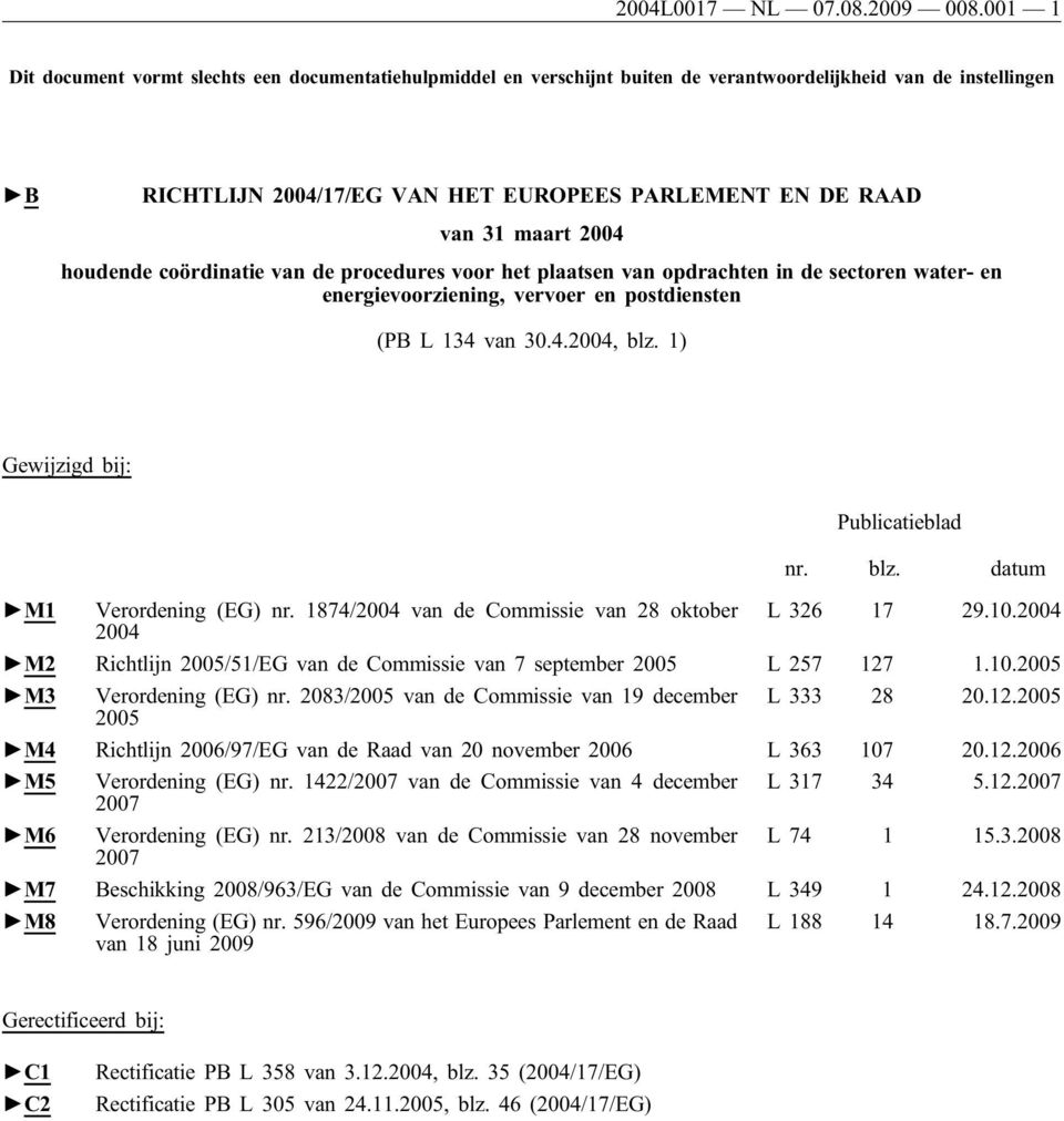 2004 houdende coördinatie van de procedures voor het plaatsen van opdrachten in de sectoren water- en energievoorziening, vervoer en postdiensten (PB L 134 van 30.4.2004, blz.