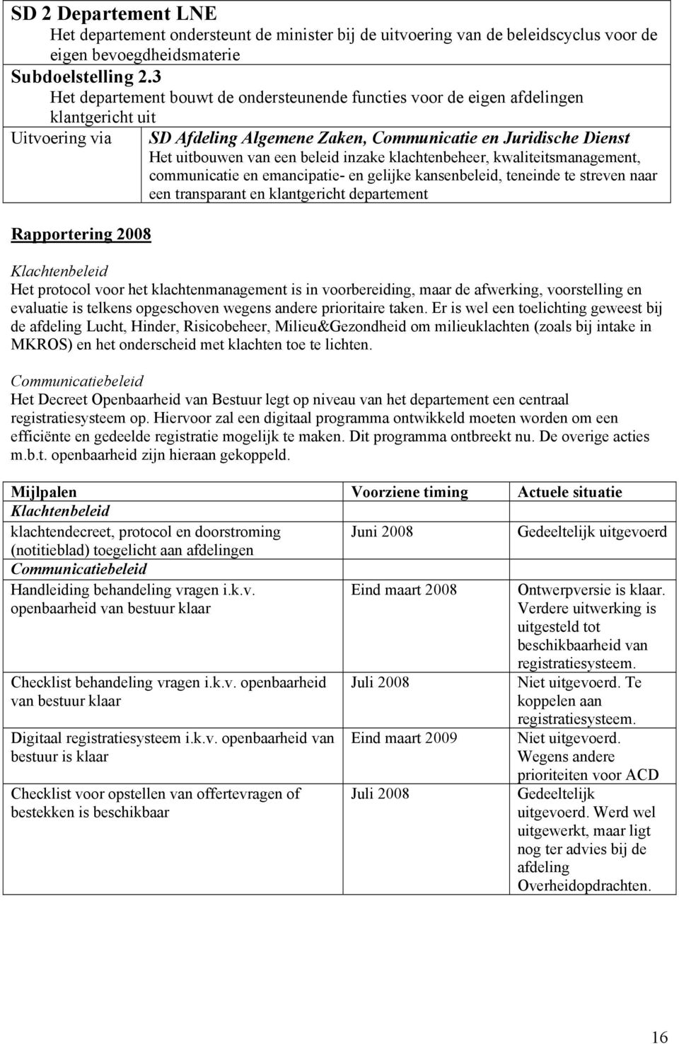 inzake klachtenbeheer, kwaliteitsmanagement, communicatie en emancipatie- en gelijke kansenbeleid, teneinde te streven naar een transparant en klantgericht departement Rapportering 2008