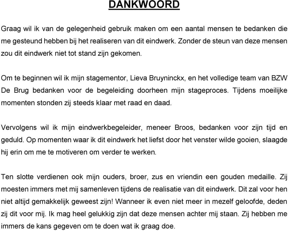 Om te beginnen wil ik mijn stagementor, Lieva Bruyninckx, en het volledige team van BZW De Brug bedanken voor de begeleiding doorheen mijn stageproces.