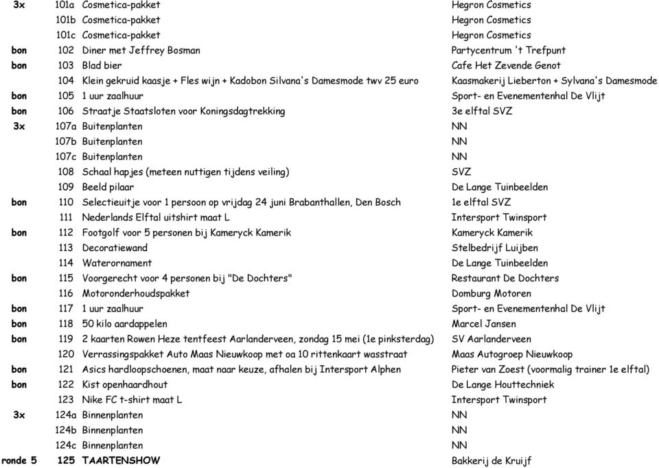 Koningsdagtrekking 3e elftal SVZ 3x 107a Buitenplanten 107b Buitenplanten 107c Buitenplanten 108 Schaal hapjes (meteen nuttigen tijdens veiling) SVZ 109 Beeld pilaar De Lange Tuinbeelden bon 110