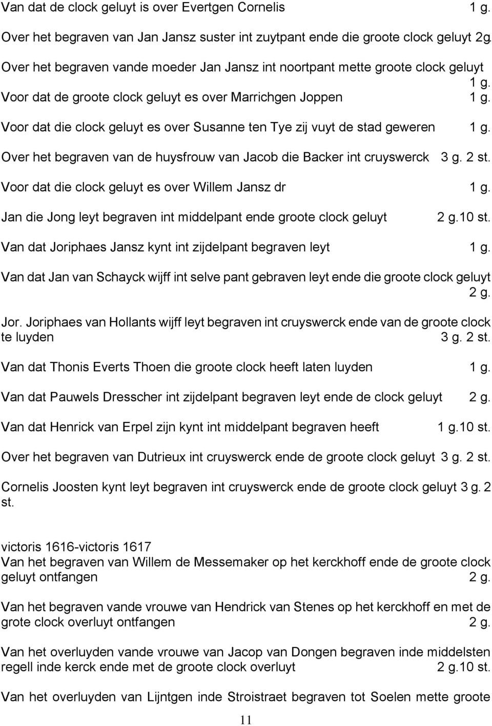 Voor dat die clock geluyt es over Susanne ten Tye zij vuyt de stad geweren 1 g. Over het begraven van de huysfrouw van Jacob die Backer int cruyswerck 3 g. 2 st.