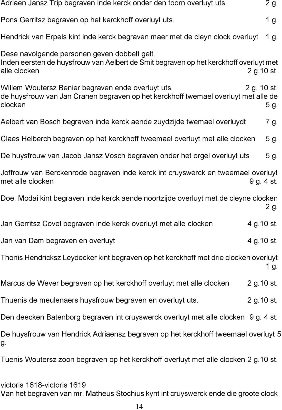 Inden eersten de huysfrouw van Aelbert de Smit begraven op het kerckhoff overluyt met alle clocken Willem Woutersz Benier begraven ende overluyt uts. 2 g. 10 st.