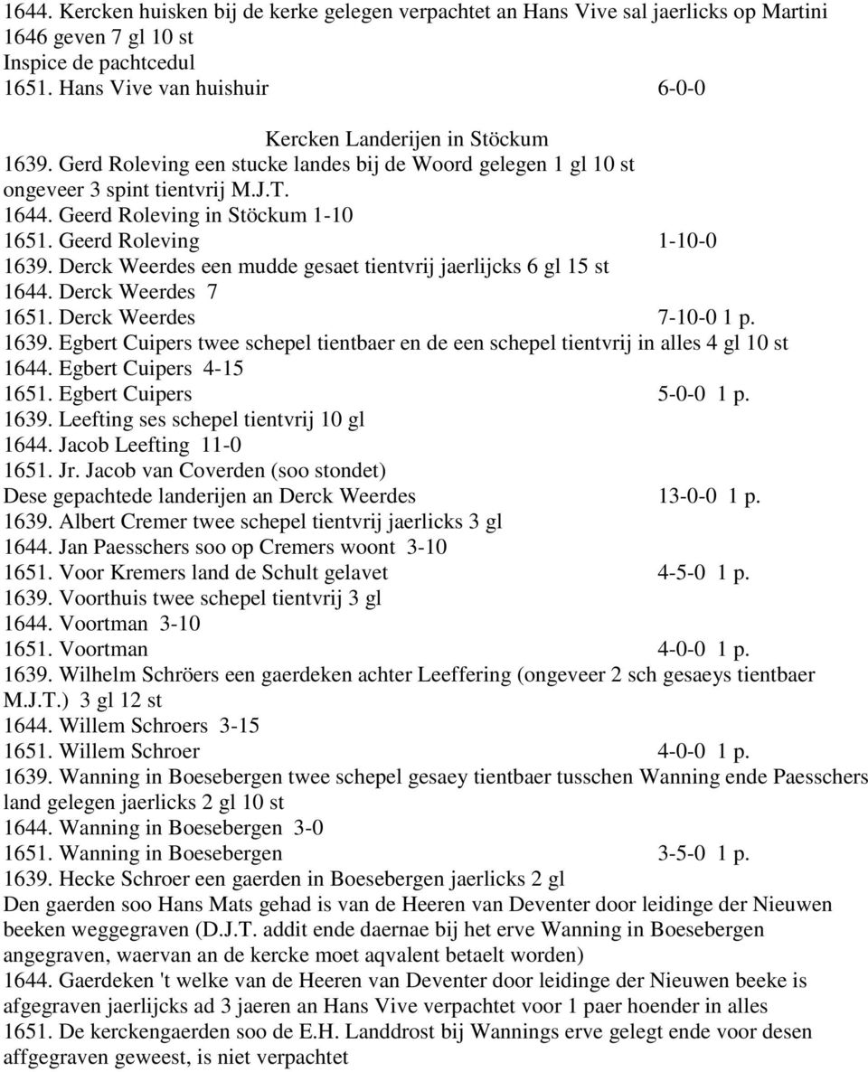 Geerd Roleving in Stöckum 1-10 1651. Geerd Roleving 1-10-0 1639. Derck Weerdes een mudde gesaet tientvrij jaerlijcks 6 gl 15 st 1644. Derck Weerdes 7 1651. Derck Weerdes 7-10-0 1 p. 1639. Egbert Cuipers twee schepel tientbaer en de een schepel tientvrij in alles 4 gl 10 st 1644.