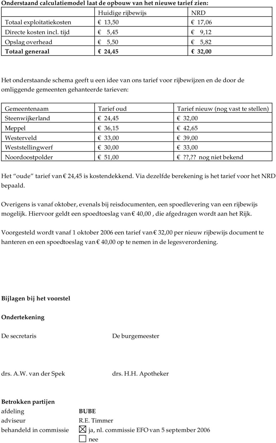 Gemeentenaam Tarief oud Tarief nieuw (nog vast te stellen) Steenwijkerland 24,45 32,00 Meppel 36,15 42,65 Westerveld 33,00 39,00 Weststellingwerf 30,00 33,00 Noordoostpolder 51,00??,?? nog niet bekend Het oude tarief van 24,45 is kostendekkend.