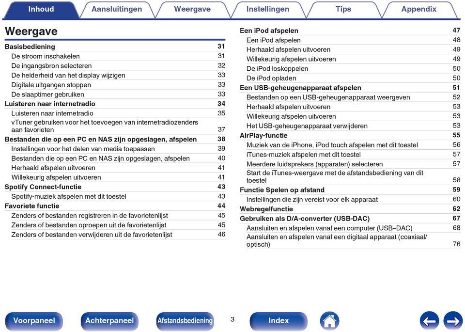 Instellingen voor het delen van media toepassen 39 Bestanden die op een PC en NAS zijn opgeslagen, afspelen 40 Herhaald afspelen uitvoeren 41 Willekeurig afspelen uitvoeren 41 Spotify Connect-functie