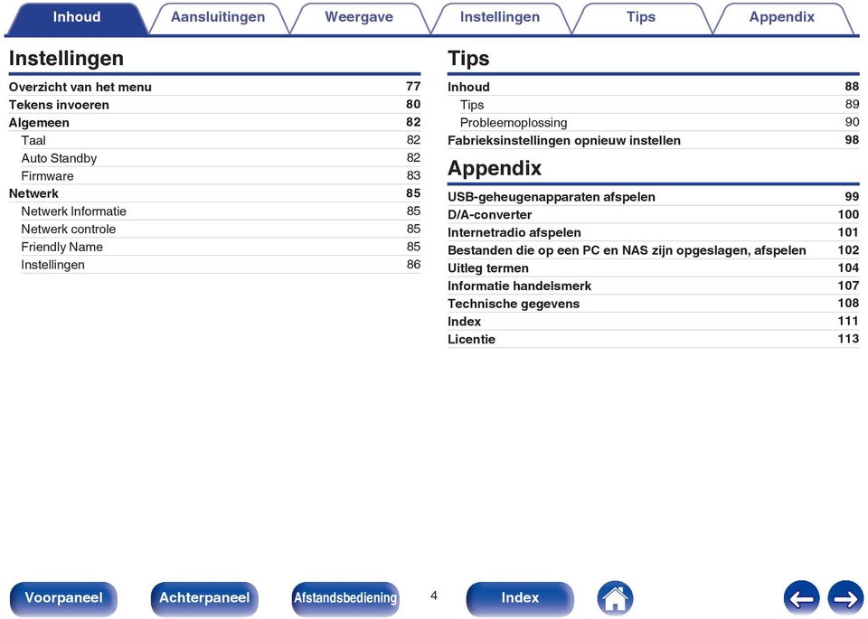 Fabrieksinstellingen opnieuw instellen 98 Appendix USB-geheugenapparaten afspelen 99 D/A-converter 100 Internetradio afspelen 101