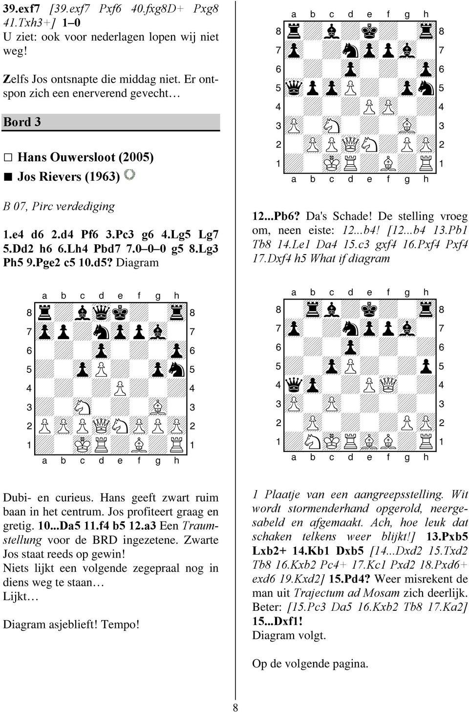 Pge2 c5 10.d5? Diagram 8r+lwqk+-tr( 7zpp+nzppvl-' 6-+-zp-+-zp& 5+-zpP+-zpn% 4-+-+P+-+$ 3+-sN-+-vL-# 2PzPPwQNzPPzP" 1+-mKR+L+R! Dubi- en curieus. Hans geeft zwart ruim baan in het centrum.