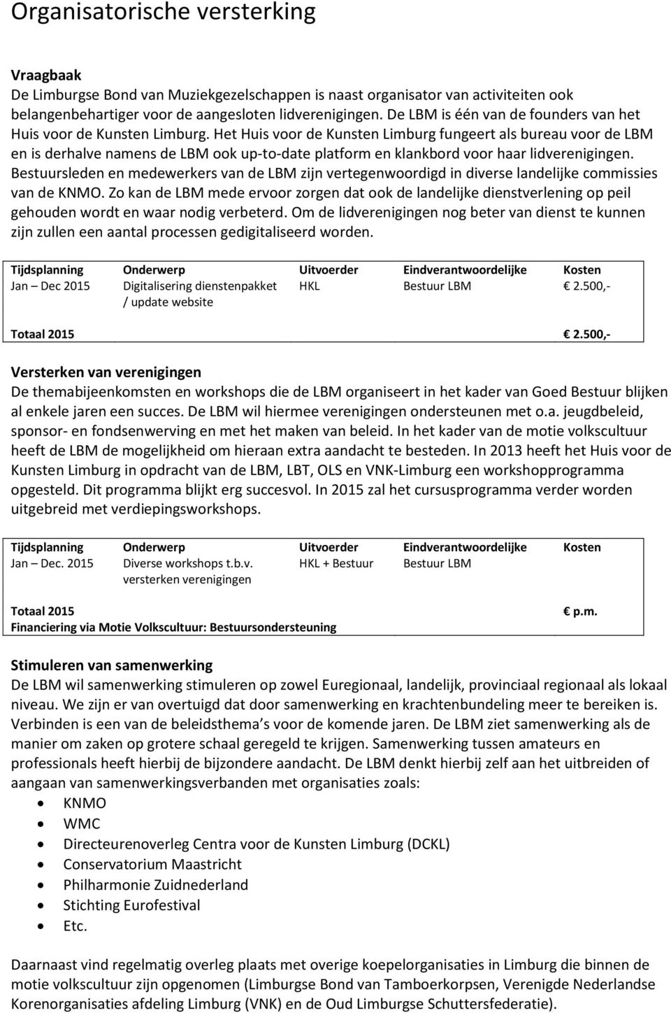 Het Huis voor de Kunsten Limburg fungeert als bureau voor de LBM en is derhalve namens de LBM ook up-to-date platform en klankbord voor haar lidverenigingen.