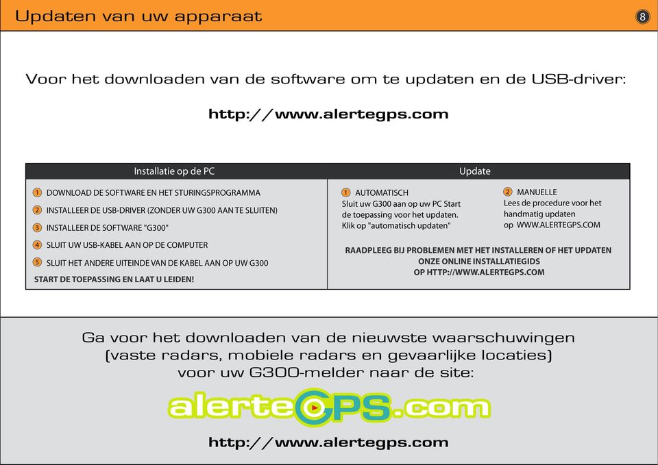 PC Start de toepassing voor het updaten. Klik op "automatisch updaten" Update 1 2 MANUELLE Lees de procedure voor het handmatig updaten op WWW.ALERTEGPS.