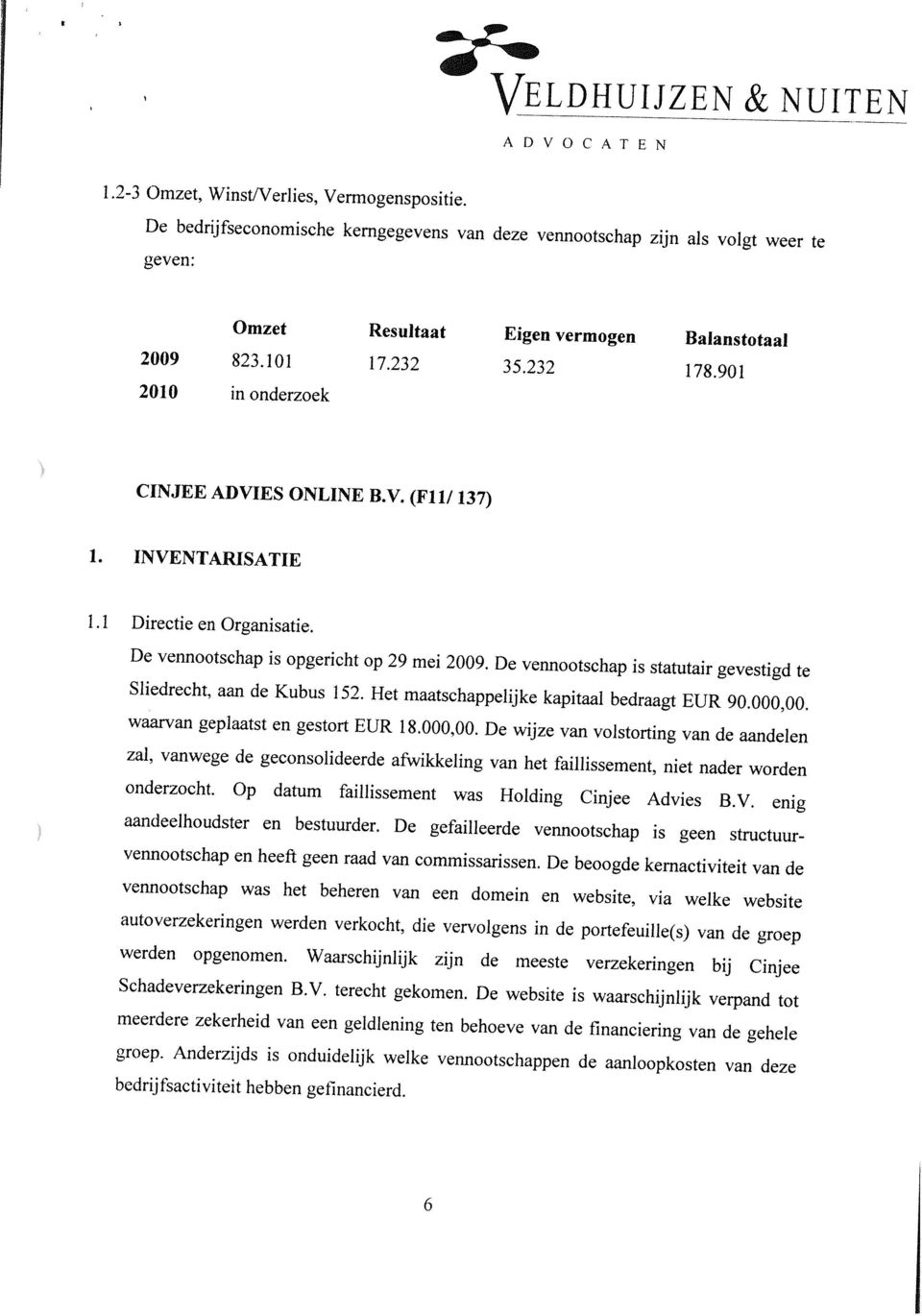 901 2010 in onderzoek CINJEE ADVIES ONLINE B.V. (Fll/ 137) 1. INVENTARISATIE 1.1 Directie en Organisatie. De vennootschap is opgericht op 29 mei 2009.