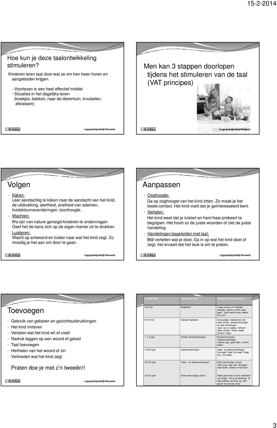 (VAT principes) Volgen - Kijken; Leer aandachtig te kijken naar de aandacht van het kind, de uitdrukking, alertheid, snelheid van ademen, huidskleurveranderingen, toonhoogte.