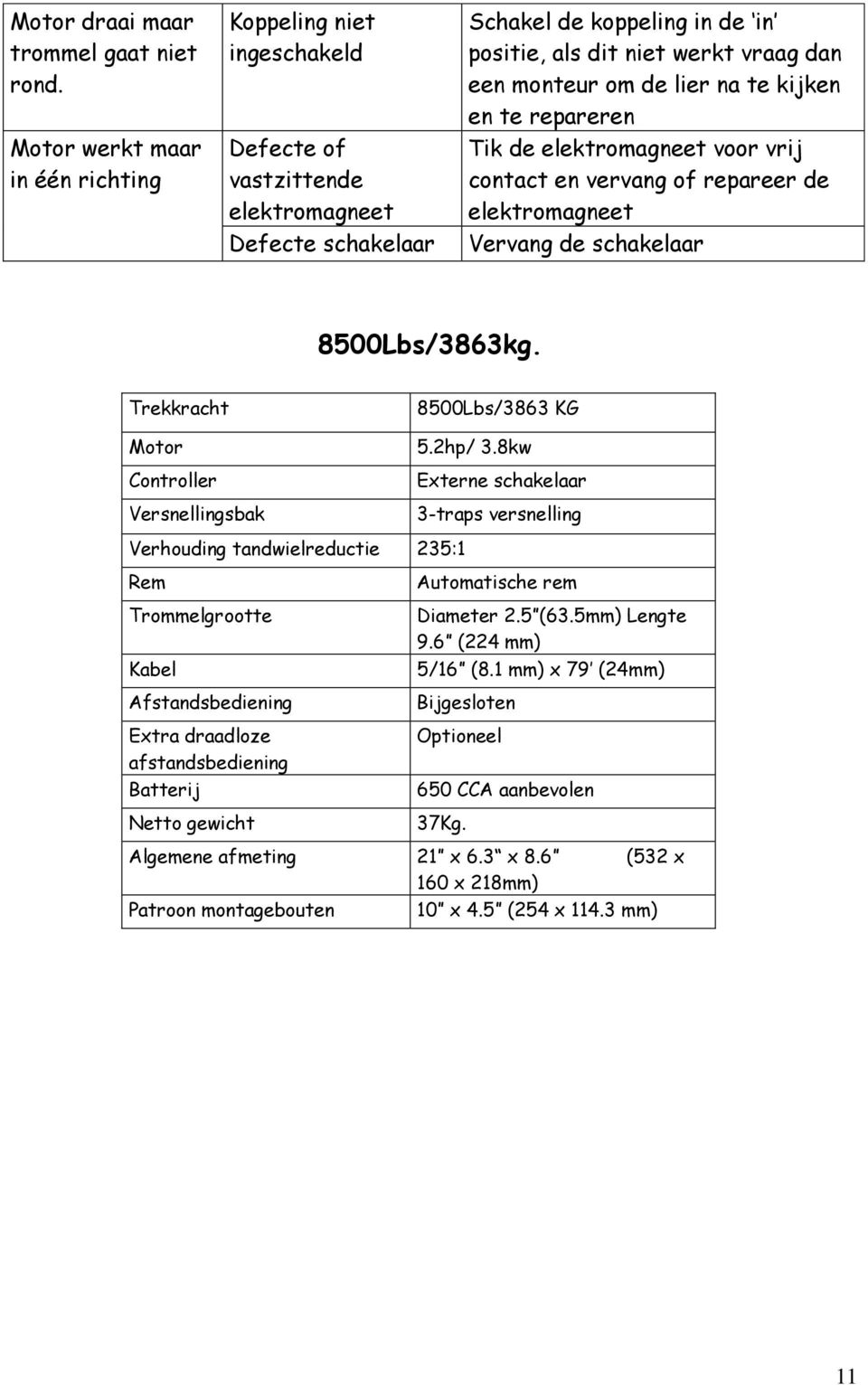 om de lier na te kijken en te repareren Tik de elektromagneet voor vrij contact en vervang of repareer de elektromagneet Vervang de schakelaar 8500Lbs/3863kg.