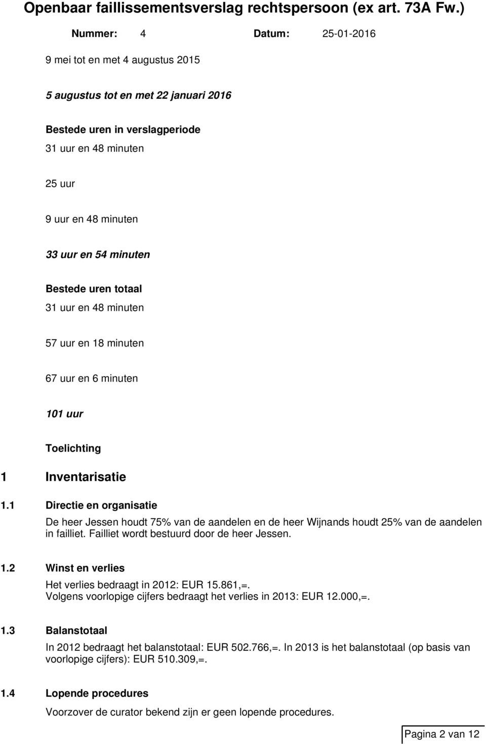 1 Directie en organisatie De heer Jessen houdt 75% van de aandelen en de heer Wijnands houdt 25% van de aandelen in failliet. Failliet wordt bestuurd door de heer Jessen. 1.