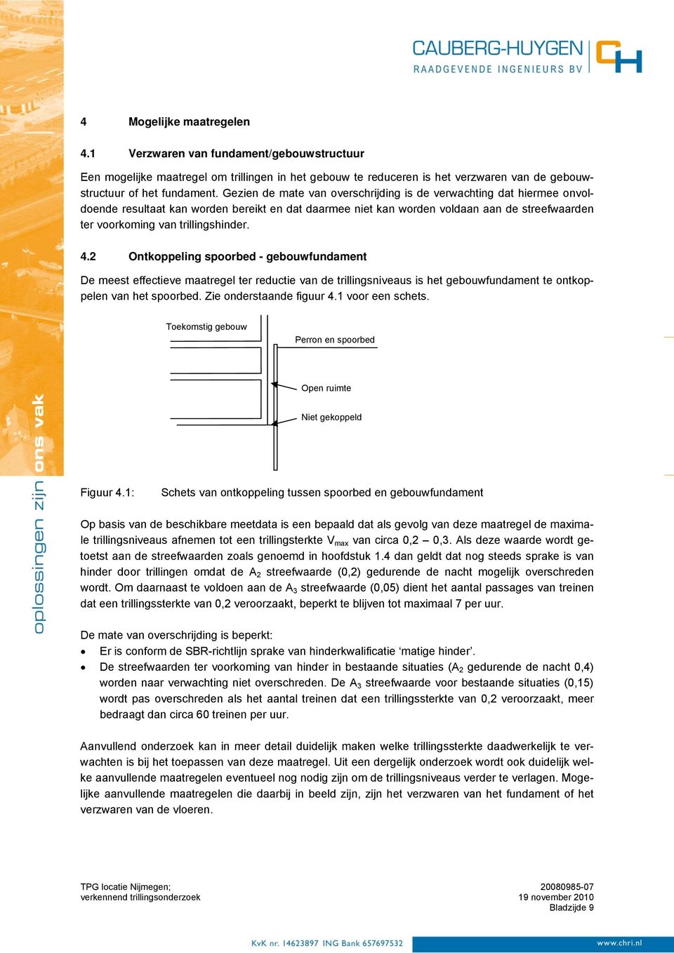 4.2 Ontkoppeling spoorbed - gebouwfundament De meest effectieve maatregel ter reductie van de trillingsniveaus is het gebouwfundament te ontkoppelen van het spoorbed. Zie onderstaande figuur 4.