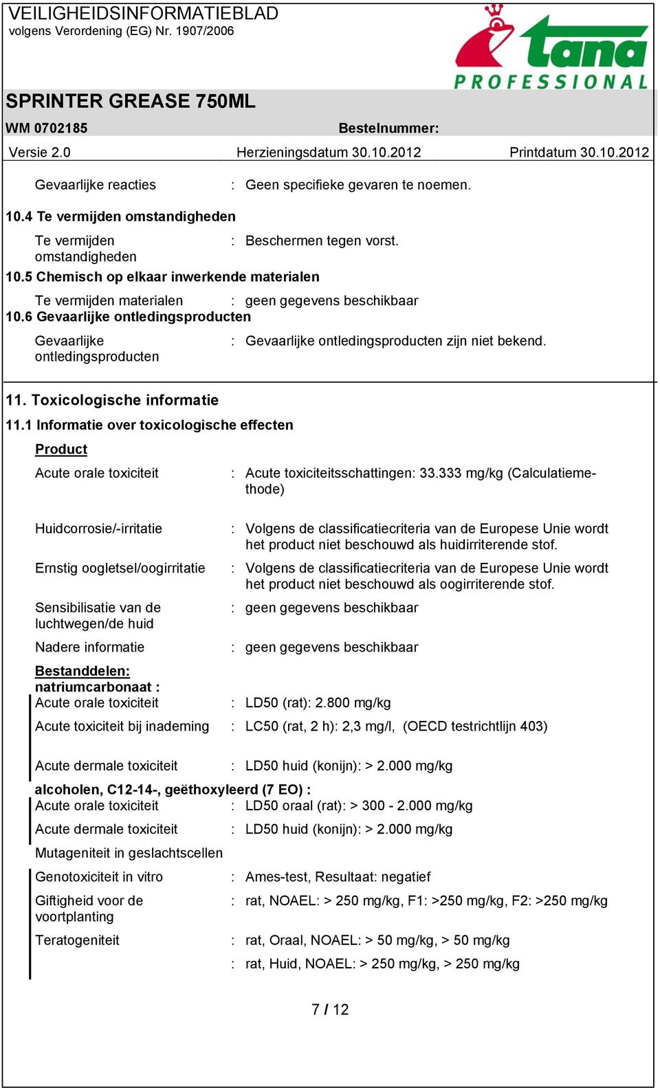 ontledingsproducten 11. Toxicologische informatie 11.1 Informatie over toxicologische effecten Product Acute orale toxiciteit : Acute toxiciteitsschattingen: 33.