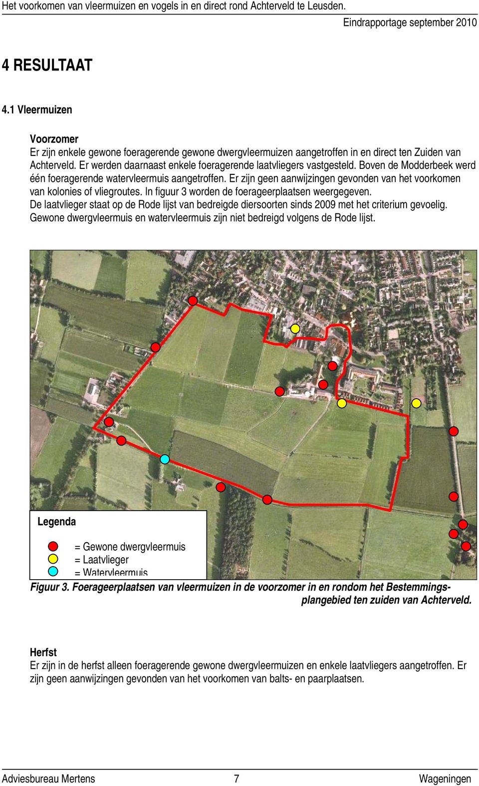 Er zijn geen aanwijzingen gevonden van het voorkomen van kolonies of vliegroutes. In figuur 3 worden de foerageerplaatsen weergegeven.