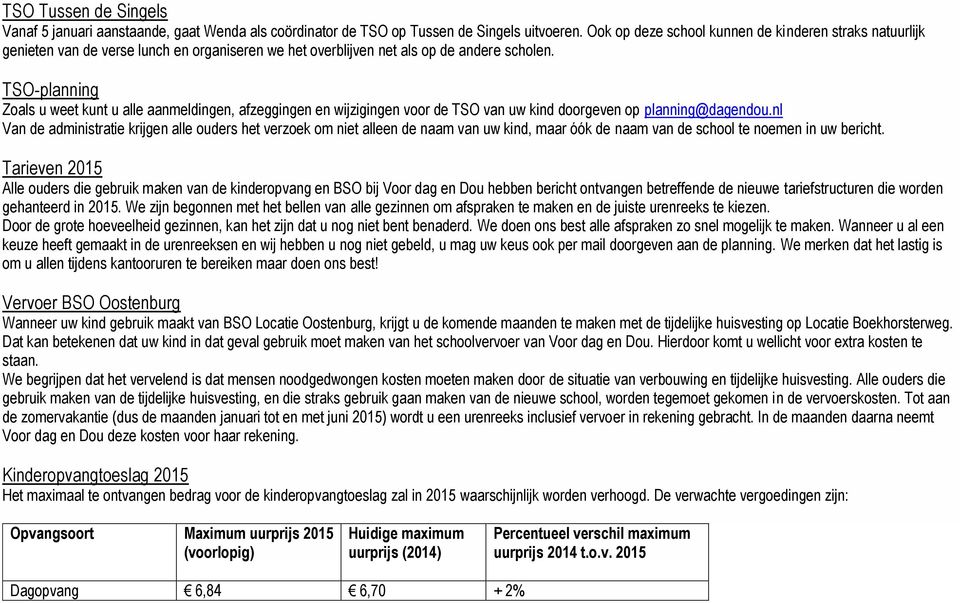 TSO-planning Zoals u weet kunt u alle aanmeldingen, afzeggingen en wijzigingen voor de TSO van uw kind doorgeven op planning@dagendou.