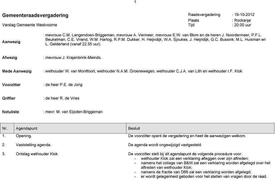 Krajenbrink-Meinds. Mede Aanwezig : wethouder W. van Montfoort, wethouder N.A.M. Groenewegen, wethouder C.J.A. van Lith en wethouder I.F. Klok Voorzitter : de heer P.E. de Jong Griffier : de heer R.