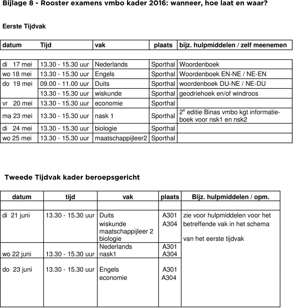 30-15.30 uur economie Sporthal ma 23 mei 13.30-15.30 uur nask 1 Sporthal 2e editie Binas vmbo kgt informatieboek voor nsk1 en nsk2 di 24 mei 13.30-15.30 uur biologie Sporthal wo 25 mei 13.30-15.30 uur maatschappijleer2 Sporthal Tweede Tijdvak kader beroepsgericht datum tijd vak plaats Bijz.