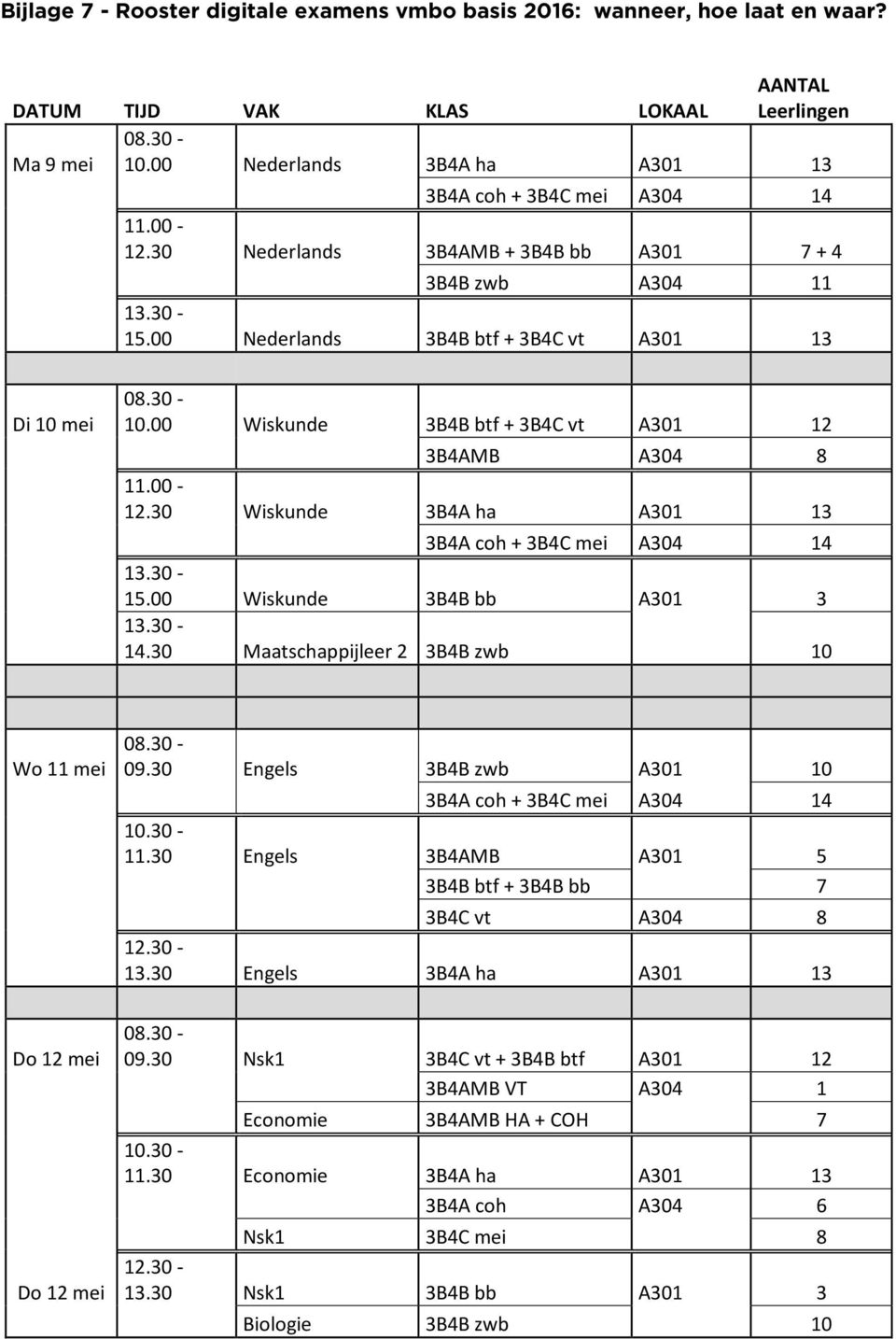 00 Wiskunde 3B4B btf + 3B4C vt A301 12 3B4AMB A304 8 11.00-12.30 Wiskunde 3B4A ha A301 13 3B4A coh + 3B4C mei A304 14 13.30-15.00 Wiskunde 3B4B bb A301 3 13.30-14.