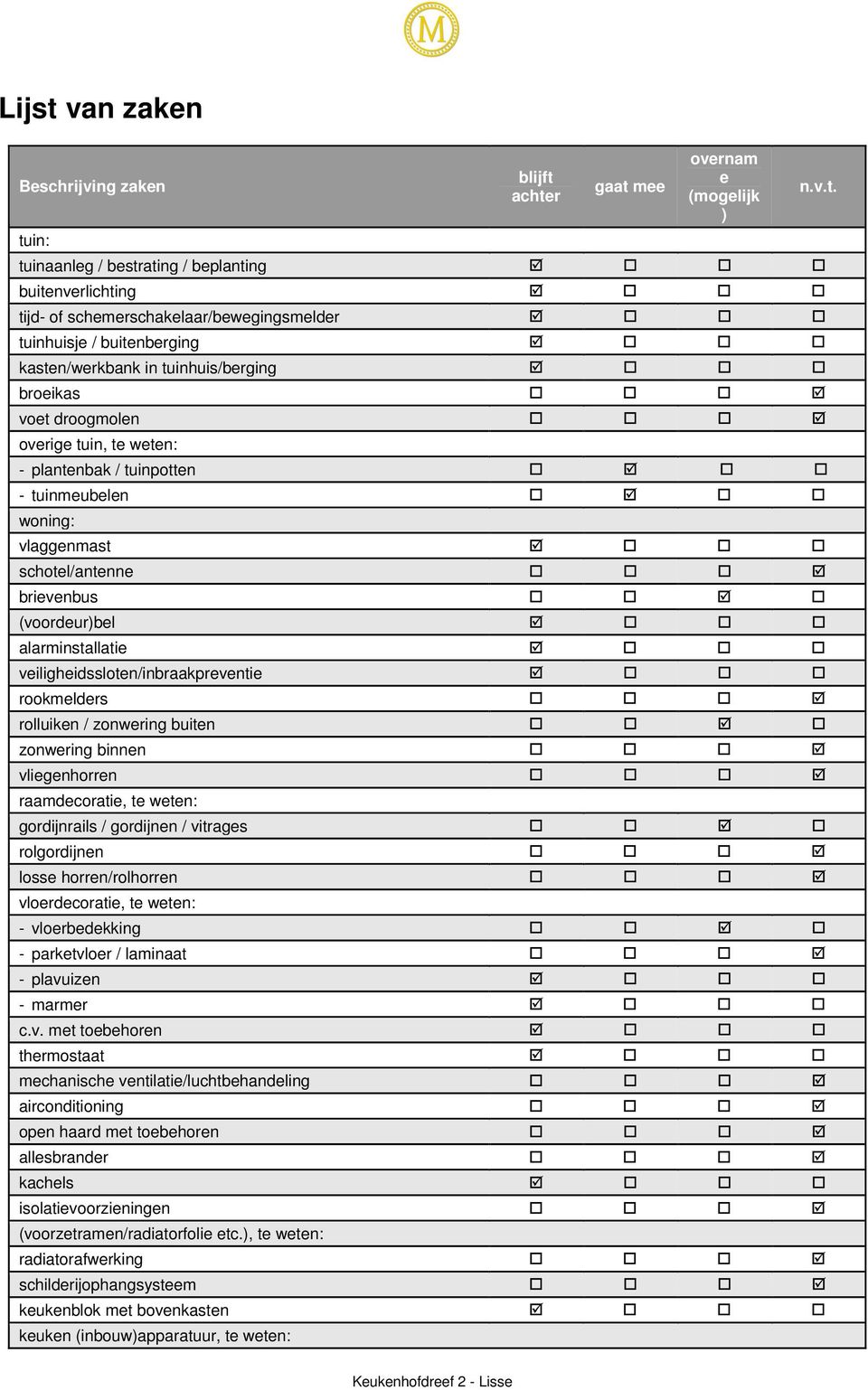 (voordeur)bel alarminstallatie veiligheidssloten/inbraakpreventie rookmelders rolluiken / zonwering buiten zonwering binnen vliegenhorren raamdecoratie, te weten: gordijnrails / gordijnen / vitrages