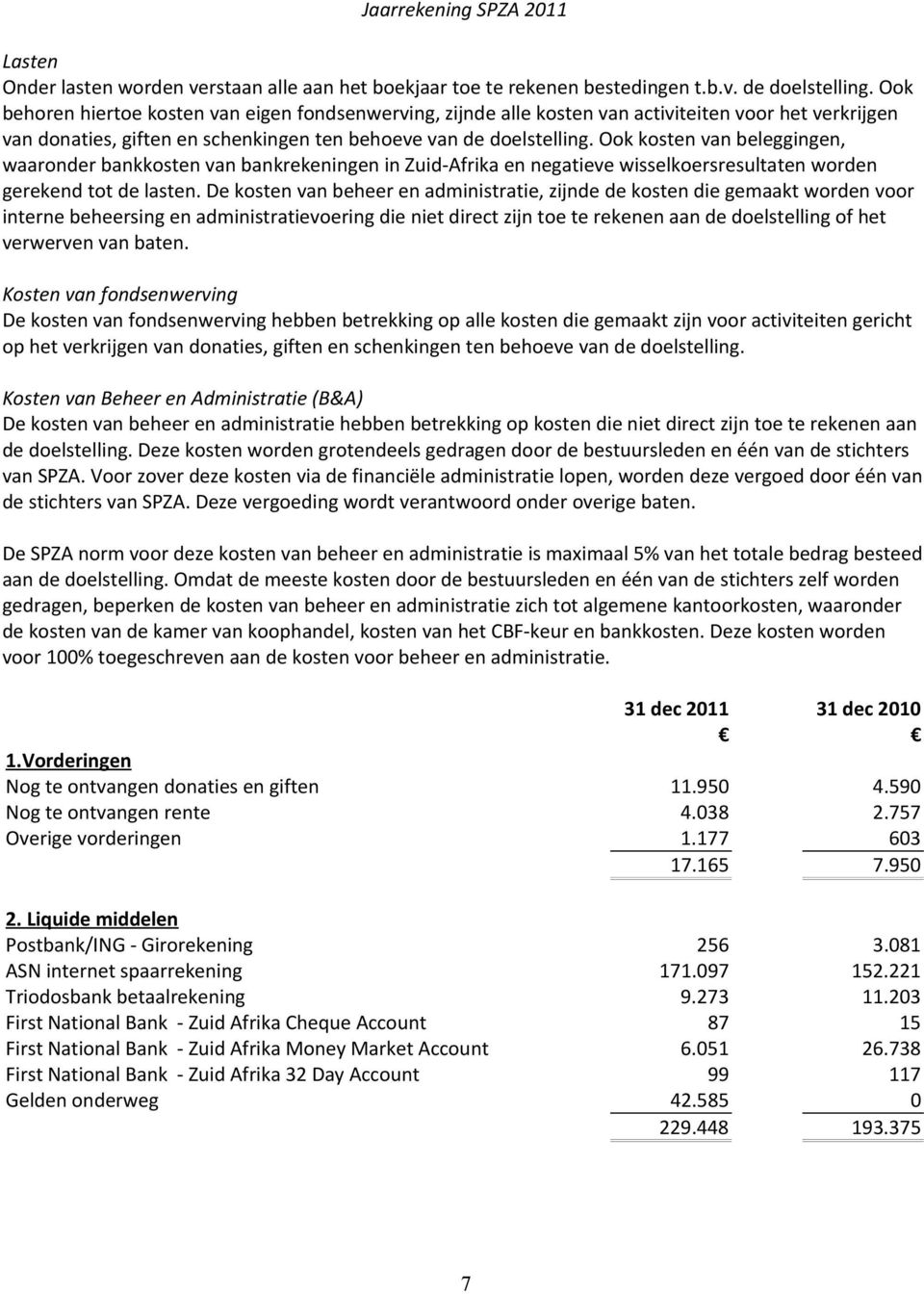 Ook kosten van beleggingen, waaronder bankkosten van bankrekeningen in Zuid-Afrika en negatieve wisselkoersresultaten worden gerekend tot de lasten.