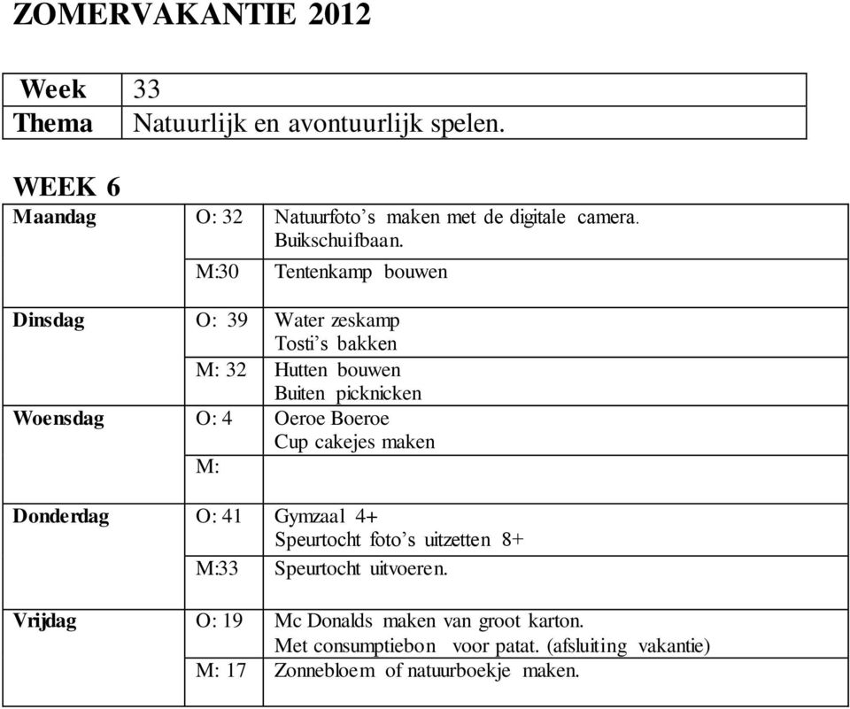 Oeroe Boeroe Cup cakejes maken M: O: 41 Gymzaal 4+ Speurtocht foto s uitzetten 8+ M:33 Speurtocht