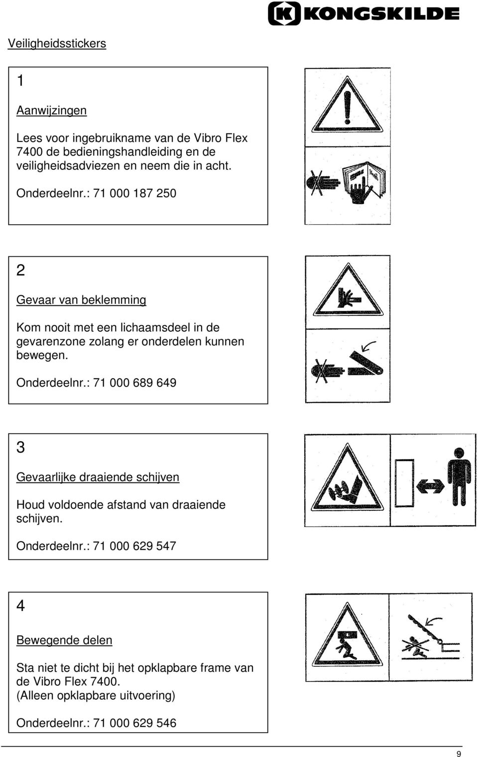 : 71 000 187 250 2 Gevaar van beklemming Kom nooit met een lichaamsdeel in de gevarenzone zolang er onderdelen kunnen bewegen. Onderdeelnr.