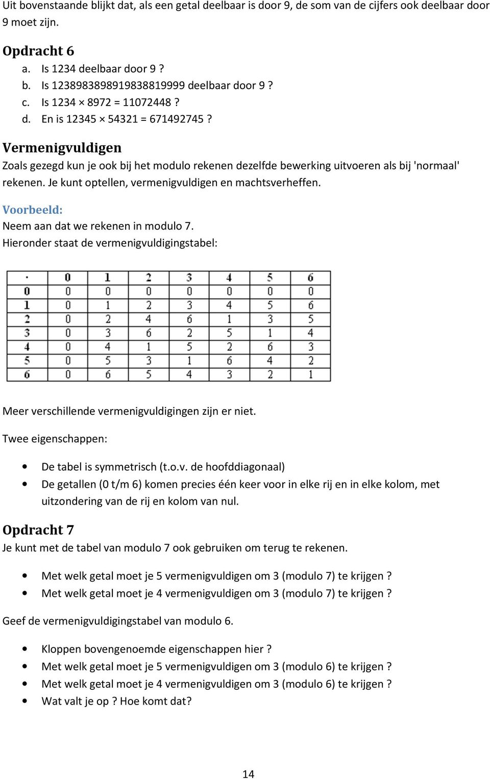 Je kunt optellen, vermenigvuldigen en machtsverheffen. Voorbeeld: Neem aan dat we rekenen in modulo 7. Hieronder staat de vermenigvuldigingstabel: Meer verschillende vermenigvuldigingen zijn er niet.