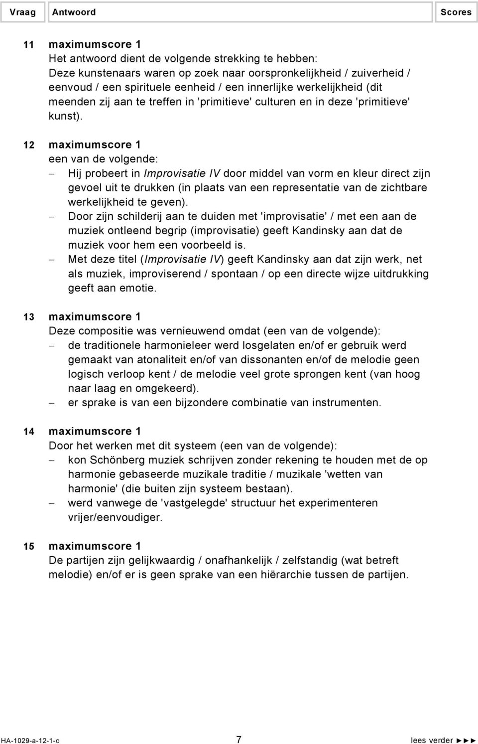 12 maximumscore 1 een van de volgende: Hij probeert in Improvisatie IV door middel van vorm en kleur direct zijn gevoel uit te drukken (in plaats van een representatie van de zichtbare werkelijkheid