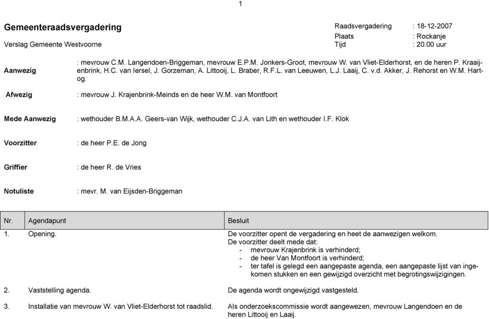 Krajenbrink-Meinds en de heer W.M. van Montfoort Mede Aanwezig : wethouder B.M.A.A. Geers-van Wijk, wethouder C.J.A. van Lith en wethouder I.F. Klok Voorzitter : de heer P.E.