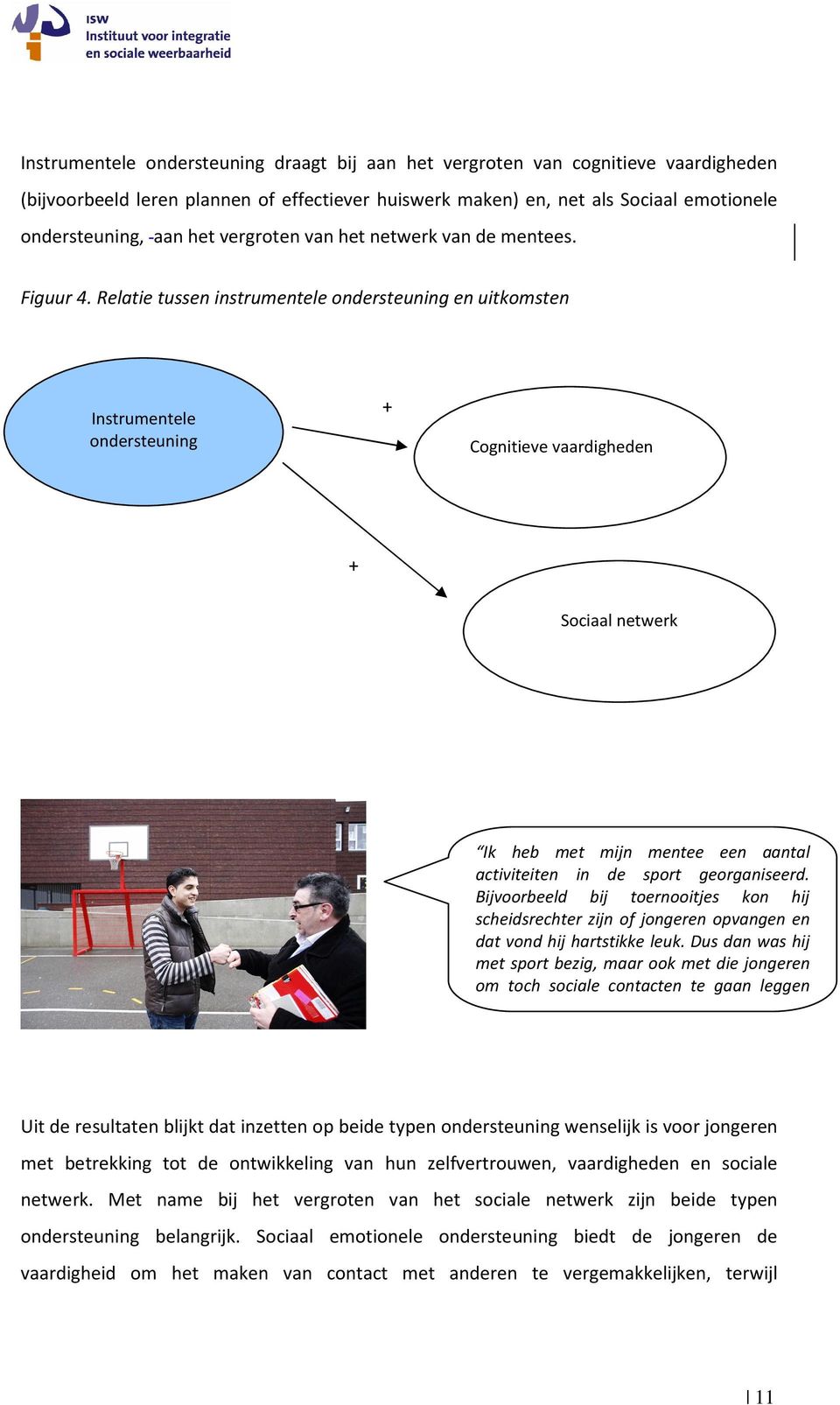 Relatie tussen instrumentele ondersteuning en uitkomsten Instrumentele ondersteuning Cognitieve vaardigheden Sociaal netwerk Ik heb met mijn mentee een aantal activiteiten in de sport georganiseerd.