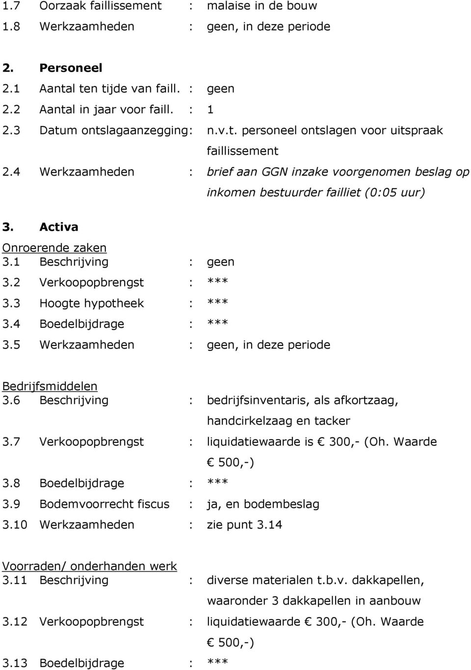 Activa Onroerende zaken 3.1 Beschrijving : geen 3.2 Verkoopopbrengst : *** 3.3 Hoogte hypotheek : *** 3.4 Boedelbijdrage : *** 3.5 Werkzaamheden : geen, in deze periode Bedrijfsmiddelen 3.