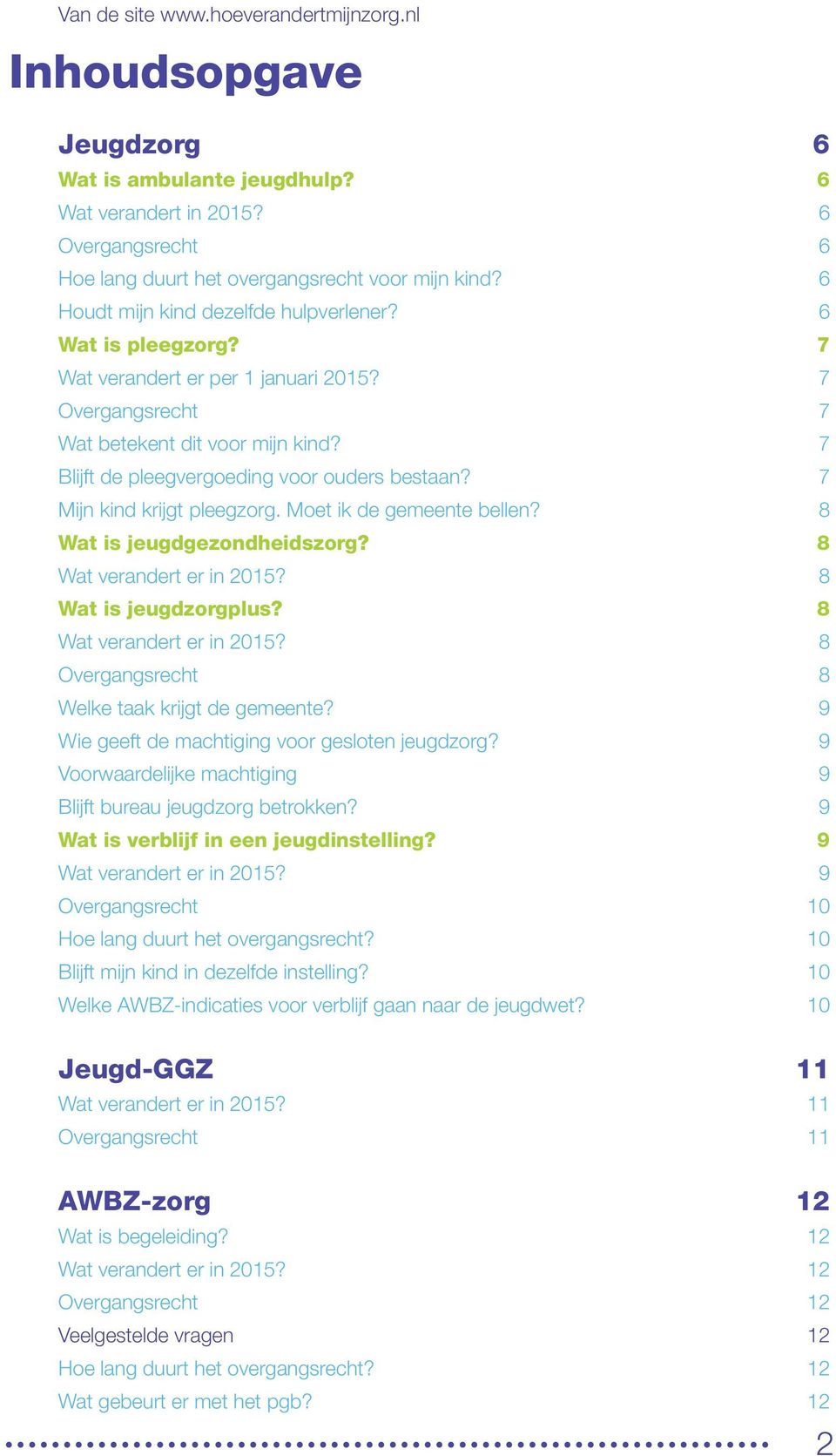 7 Mijn kind krijgt pleegzorg. Moet ik de gemeente bellen? 8 Wat is jeugdgezondheidszorg? 8 Wat verandert er in 2015? 8 Wat is jeugdzorgplus? 8 Wat verandert er in 2015? 8 Overgangsrecht 8 Welke taak krijgt de gemeente?