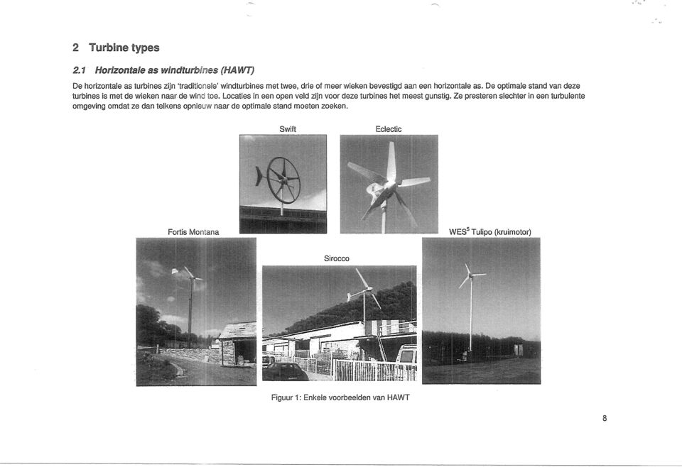 wieken bevestigd aan een horizontale as. De optimale stand van deze turbines is met de wieken naar de wino toe.